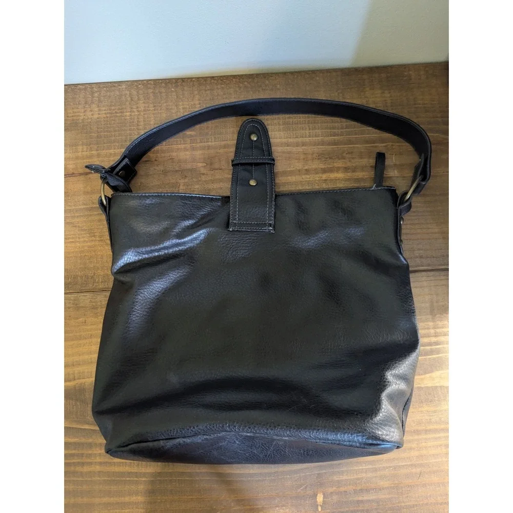 Vintage Black Faux Leather Shoulder Bag Purse with Buckled Pockets‎ Trendy